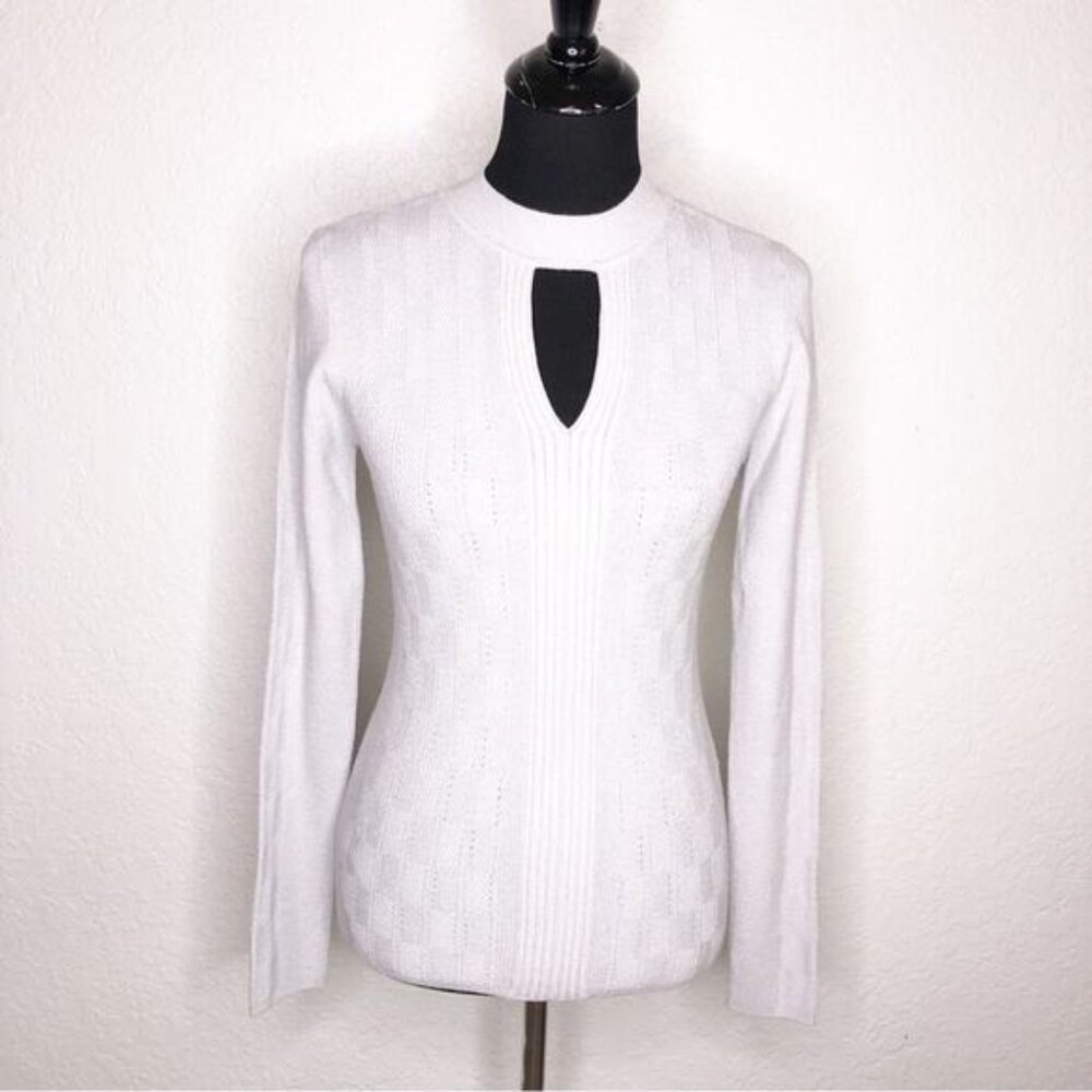 WHBM light gray silver metallic cutout neckline knit sweater size Medium